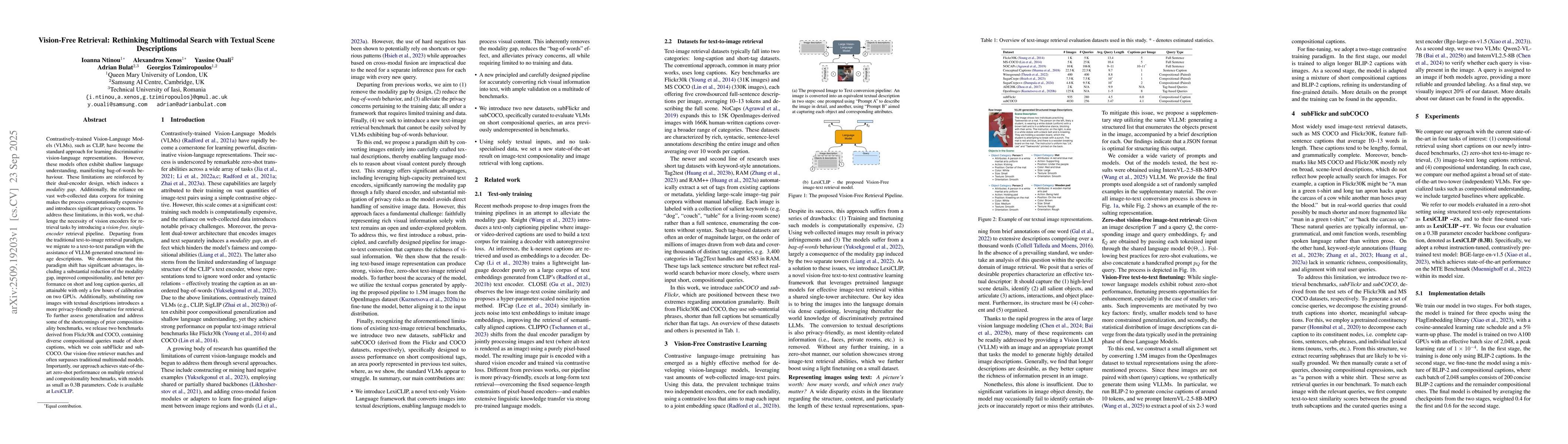 Thumbnail for Vision-Free Retrieval: Rethinking Multimodal Search with Textual Scene
  Descriptions