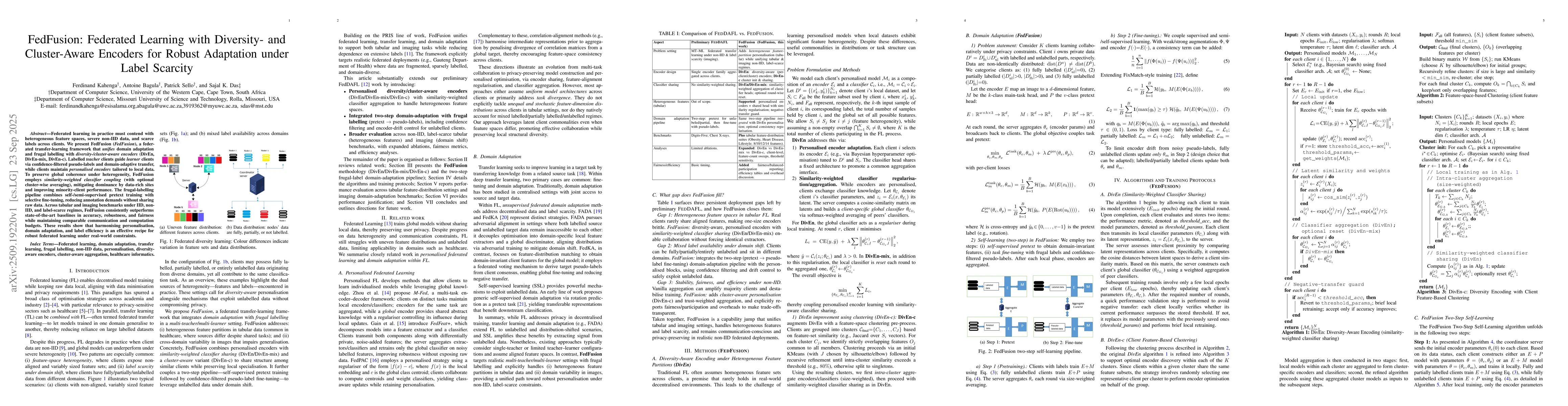 Thumbnail for FedFusion: Federated Learning with Diversity- and Cluster-Aware Encoders
  for Robust Adaptation under Label Scarcity