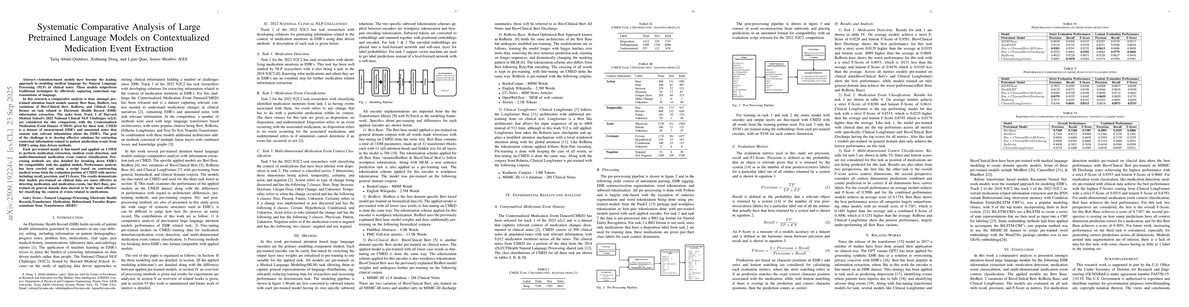 Thumbnail for Systematic Comparative Analysis of Large Pretrained Language Models on
  Contextualized Medication Event Extraction