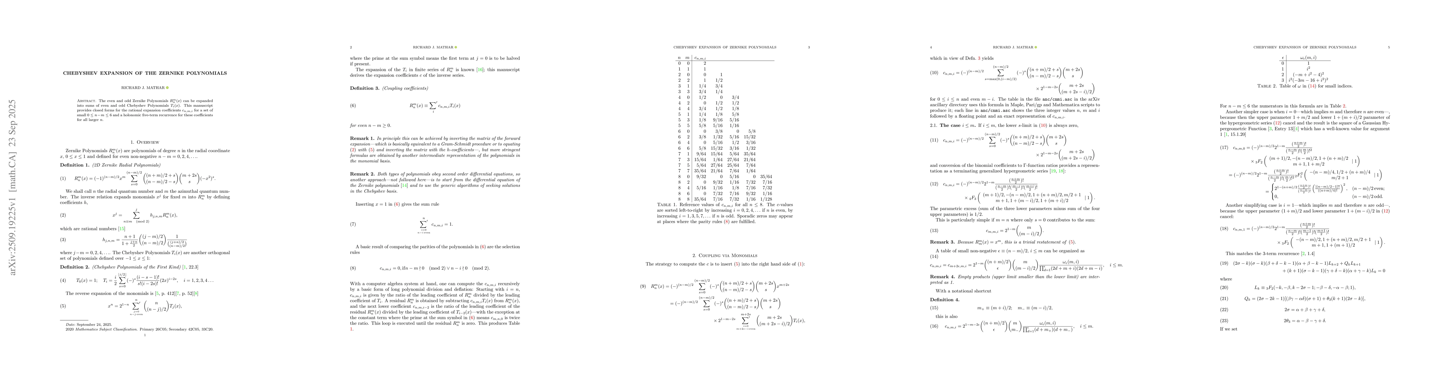 Thumbnail for Chebyshev Expansion of the Zernike Polynomials
