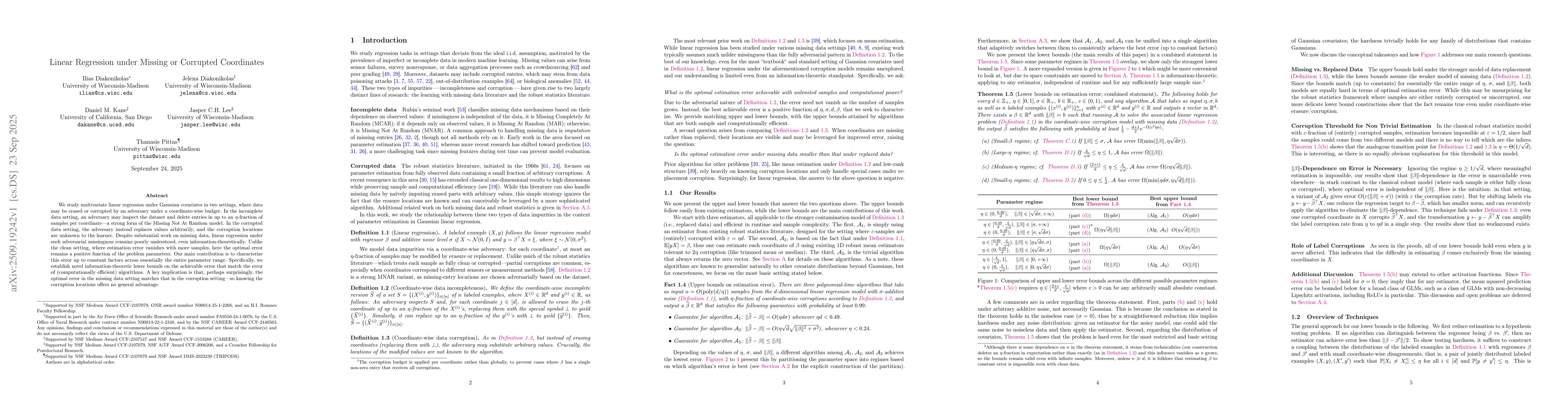Thumbnail for Linear Regression under Missing or Corrupted Coordinates