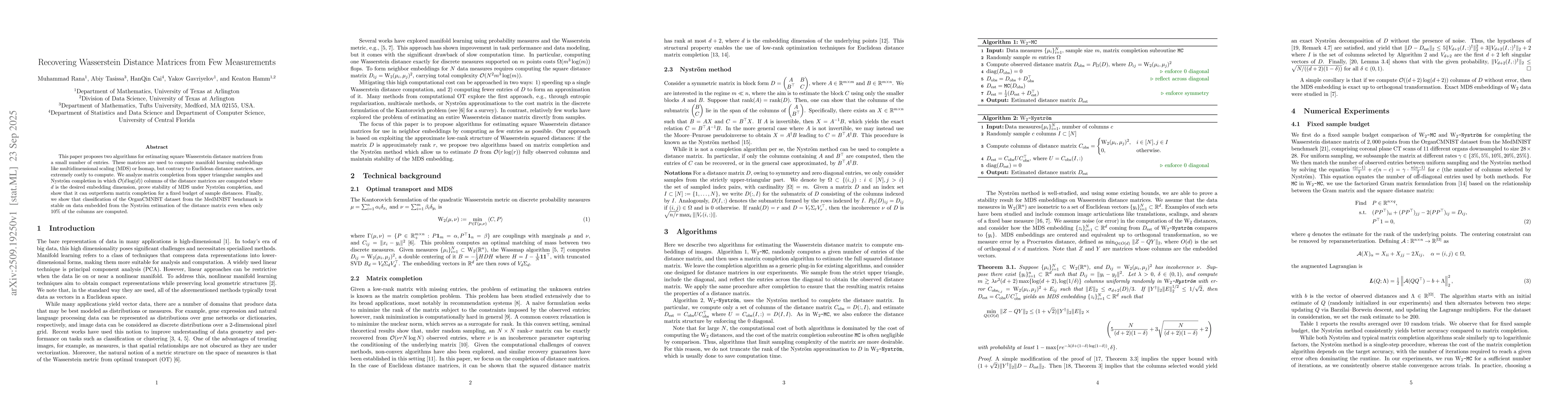 Thumbnail for Recovering Wasserstein Distance Matrices from Few Measurements