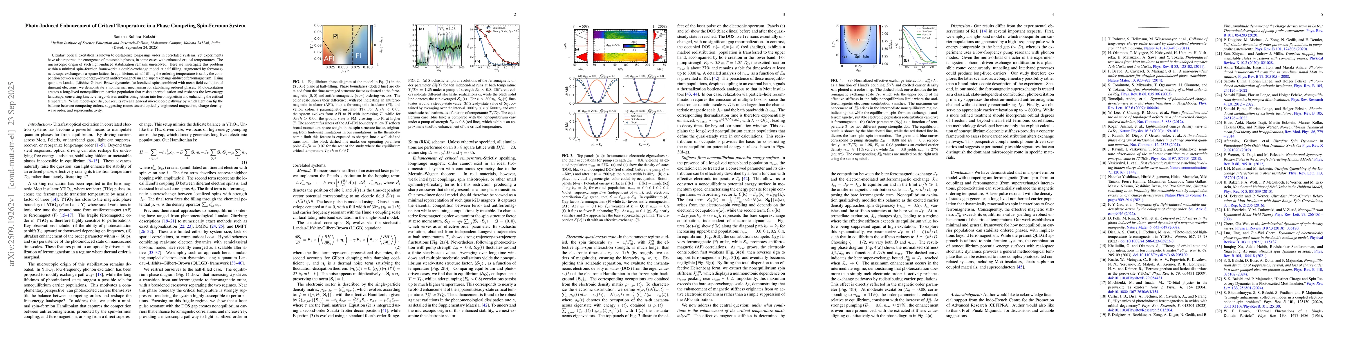 Thumbnail for Photo-Induced Enhancement of Critical Temperature in a Phase Competing
  Spin-Fermion System