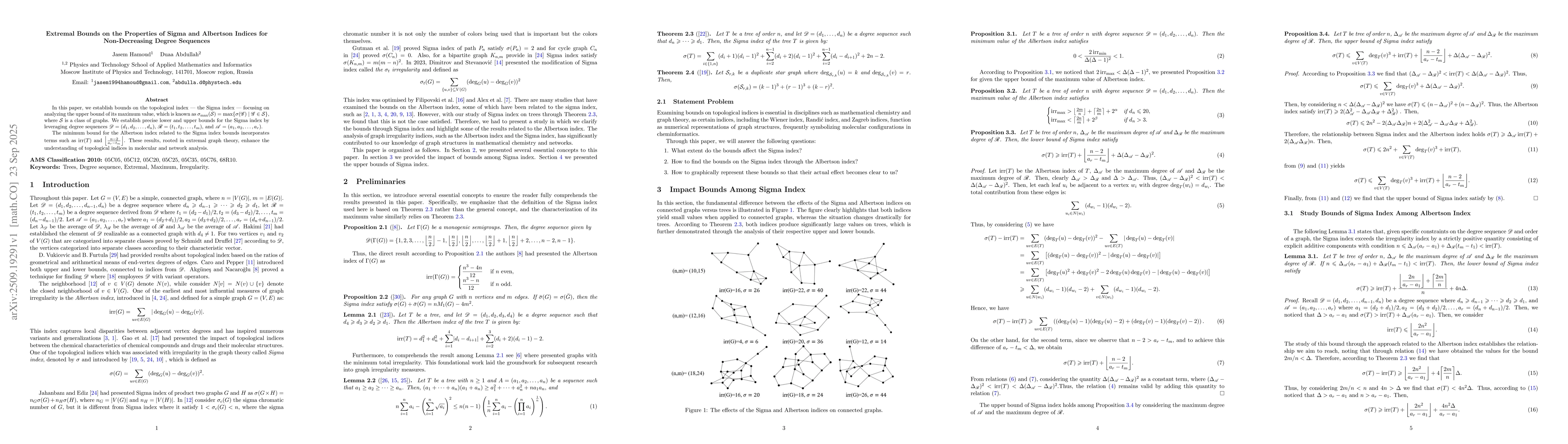 Thumbnail for Extremal Bounds on the Properties of Sigma and Albertson Indices for
  Non-Decreasing Degree Sequences