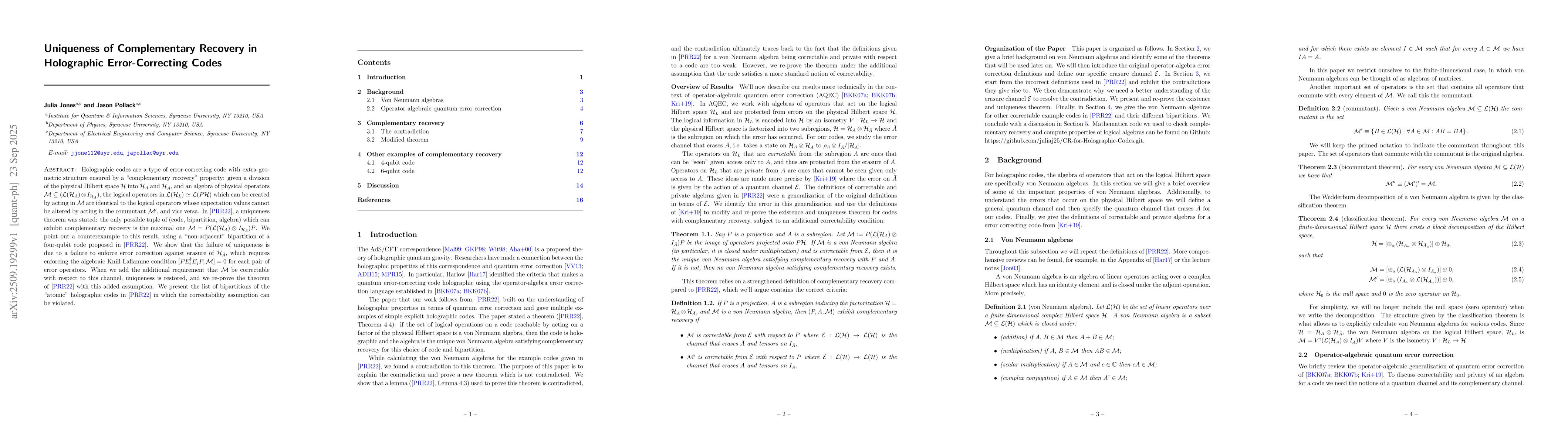 Thumbnail for Uniqueness of Complementary Recovery in Holographic Error-Correcting
  Codes