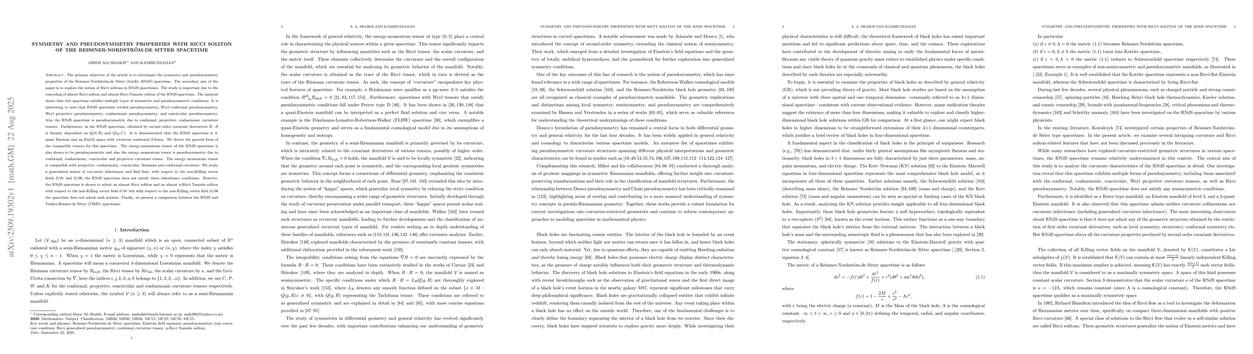 Thumbnail for Symmetry and Pseudosymmetry properties with Ricci soliton of the
  Reissner-Nordström-de Sitter spacetime