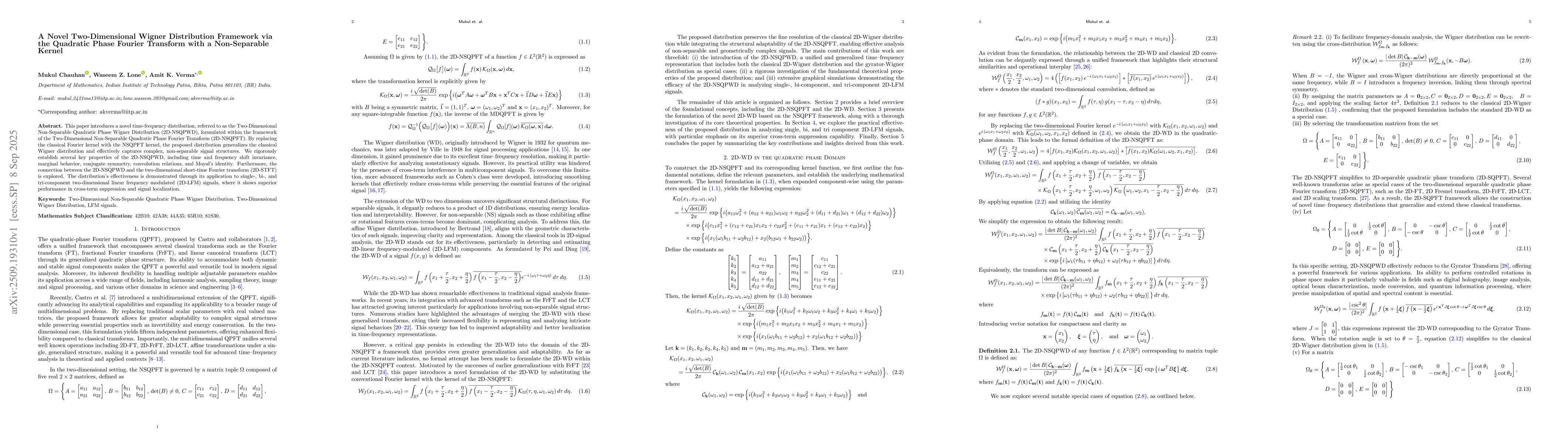 Thumbnail for A Novel Two-Dimensional Wigner Distribution Framework via the Quadratic
  Phase Fourier Transform with a Non-Separable Kernel
