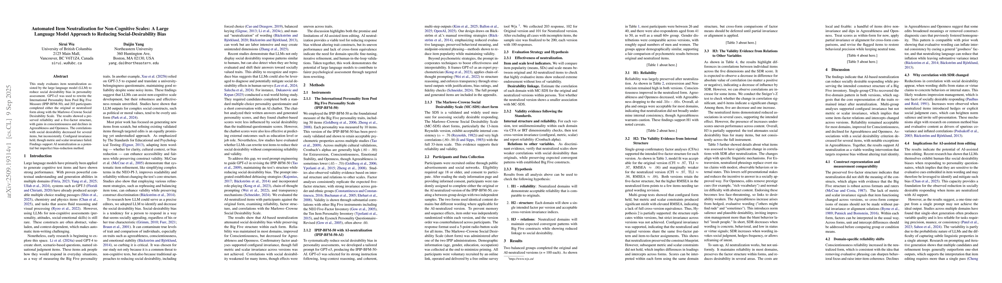 Thumbnail for Automated Item Neutralization for Non-Cognitive Scales: A Large Language
  Model Approach to Reducing Social-Desirability Bias