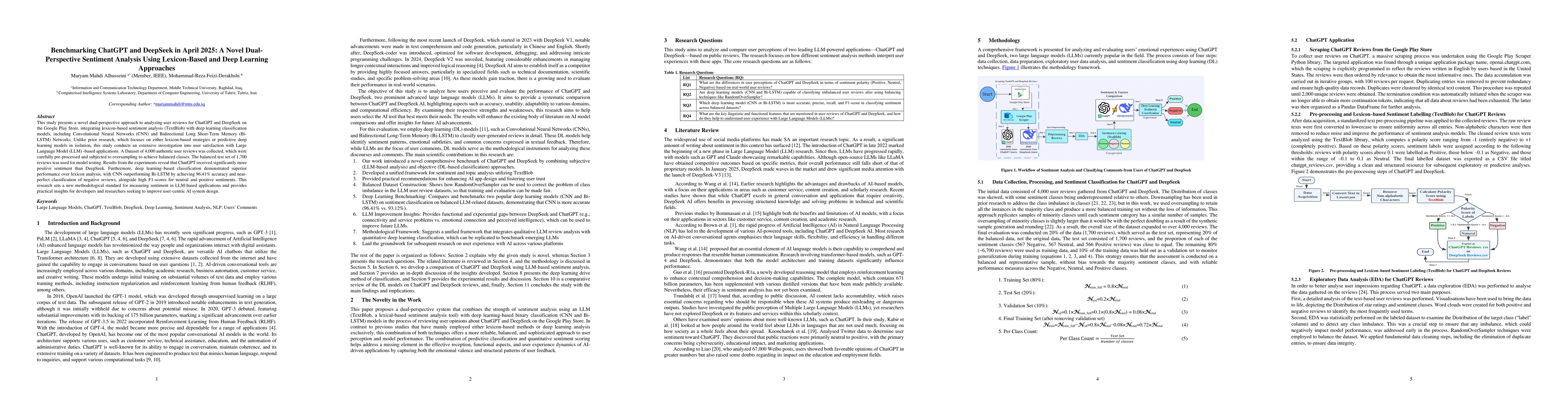 Thumbnail for Benchmarking ChatGPT and DeepSeek in April 2025: A Novel Dual
  Perspective Sentiment Analysis Using Lexicon-Based and Deep Learning
  Approaches