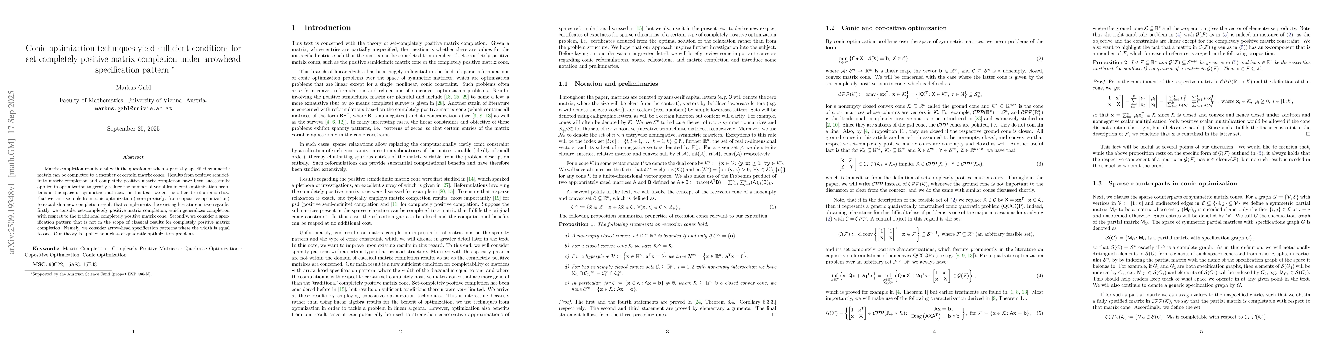 Thumbnail for Conic optimization techniques yield sufficient conditions for
  set-completely positive matrix completion under arrowhead specification
  pattern