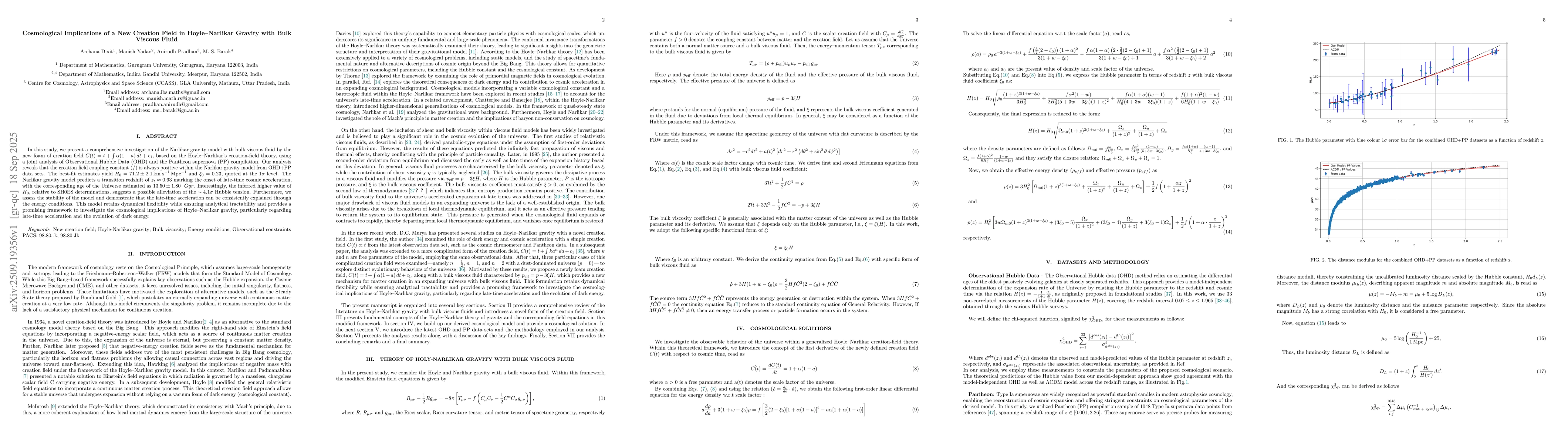 Thumbnail for Cosmological Implications of a New Creation Field in Hoyle-Narlikar
  Gravity with Bulk Viscous Fluid