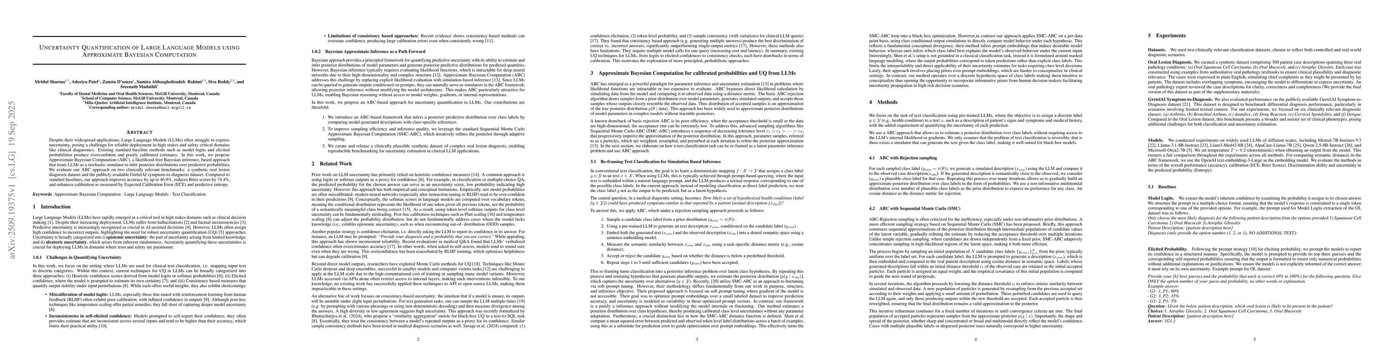 Thumbnail for Uncertainty Quantification of Large Language Models using Approximate
  Bayesian Computation