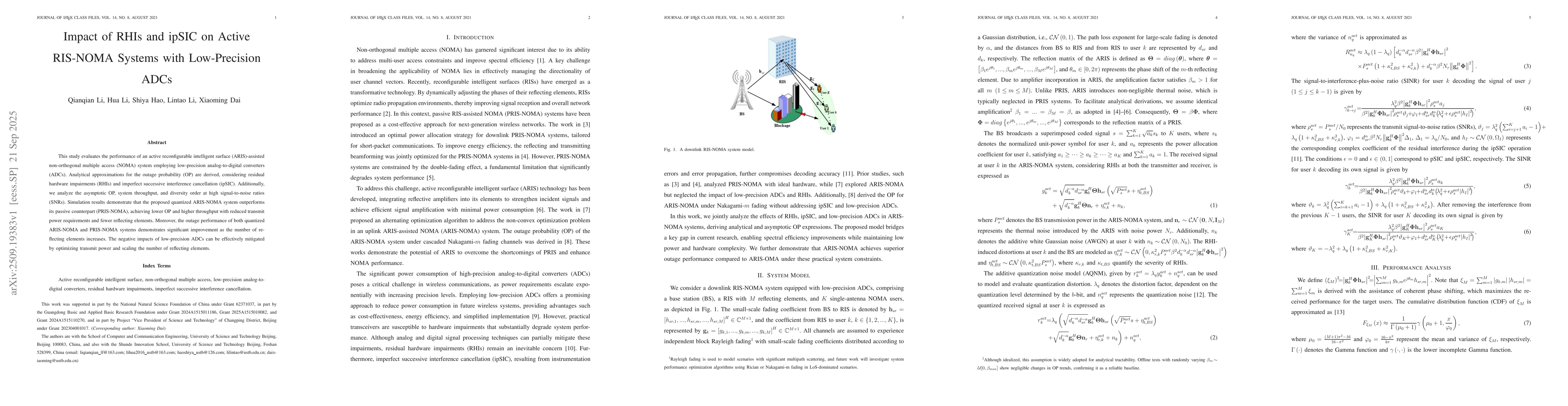 Thumbnail for Impact of RHIs and ipSIC on Active RIS-NOMA Systems with Low-Precision
  ADCs