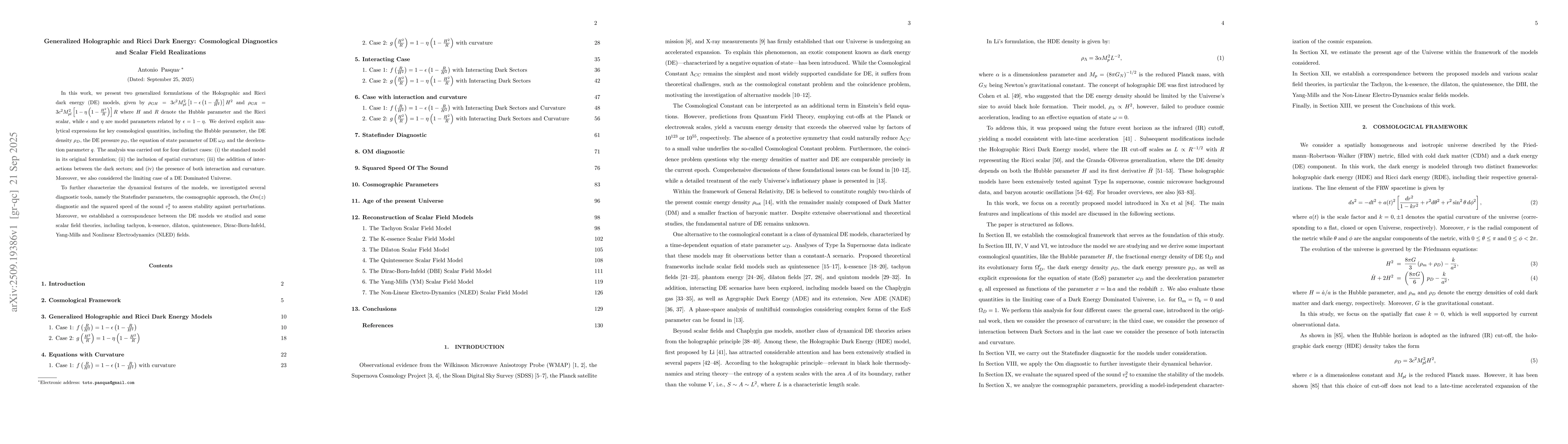 Thumbnail for Generalized Holographic and Ricci Dark Energy: Cosmological Diagnostics
  and Scalar Field Realizations