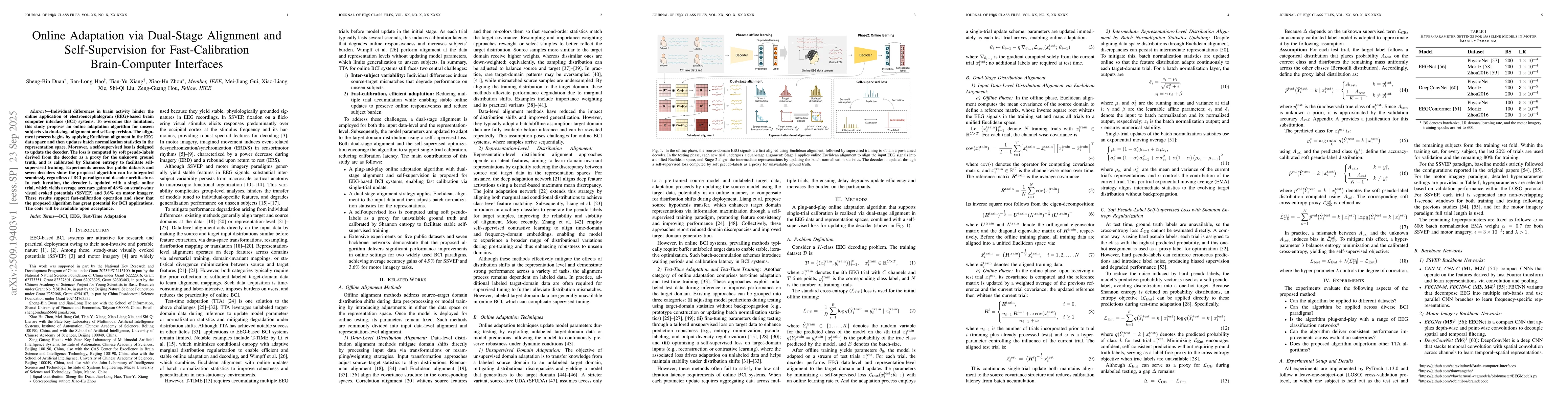 Thumbnail for Online Adaptation via Dual-Stage Alignment and Self-Supervision for
  Fast-Calibration Brain-Computer Interfaces