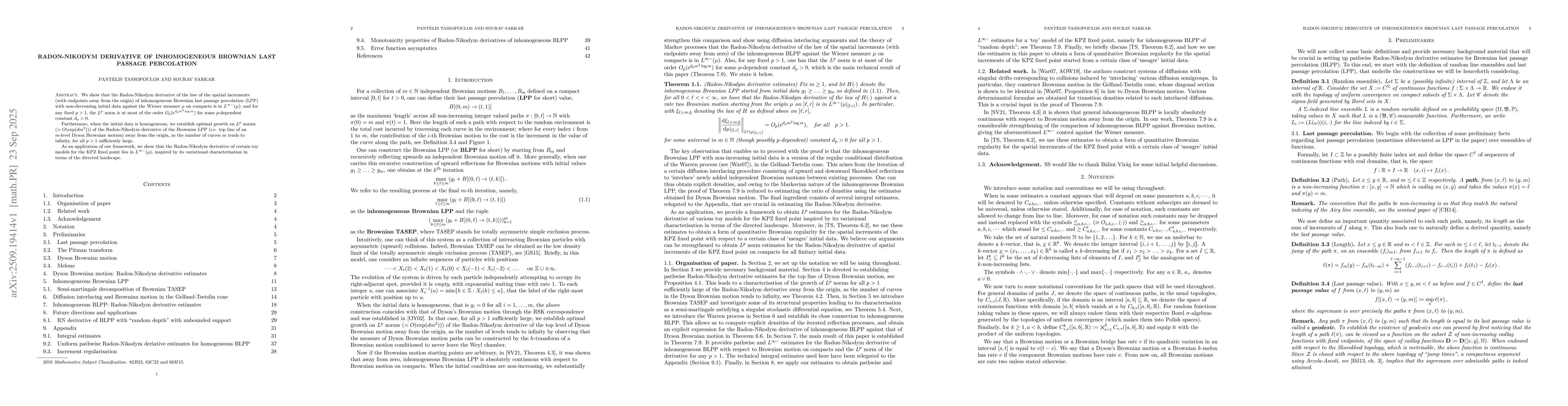 Thumbnail for Radon-Nikodym derivative of inhomogeneous Brownian last passage
  percolation