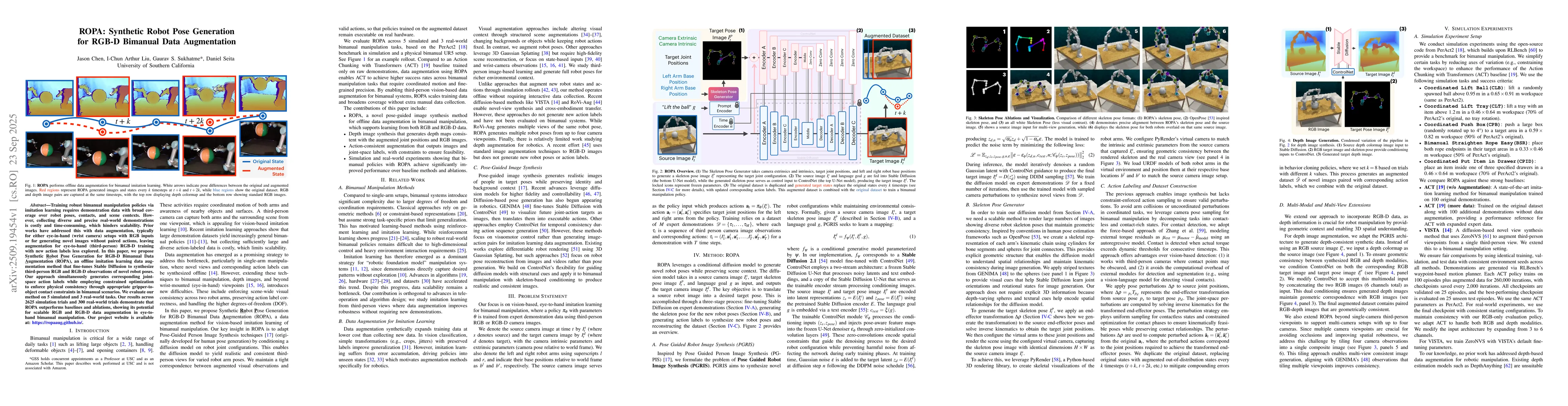 Thumbnail for ROPA: Synthetic Robot Pose Generation for RGB-D Bimanual Data
  Augmentation