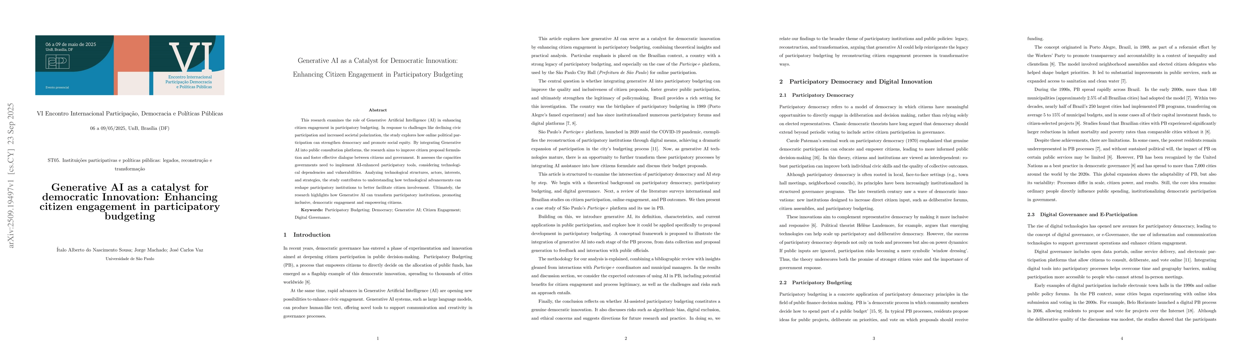 Thumbnail for Generative AI as a catalyst for democratic Innovation: Enhancing citizen
  engagement in participatory budgeting
