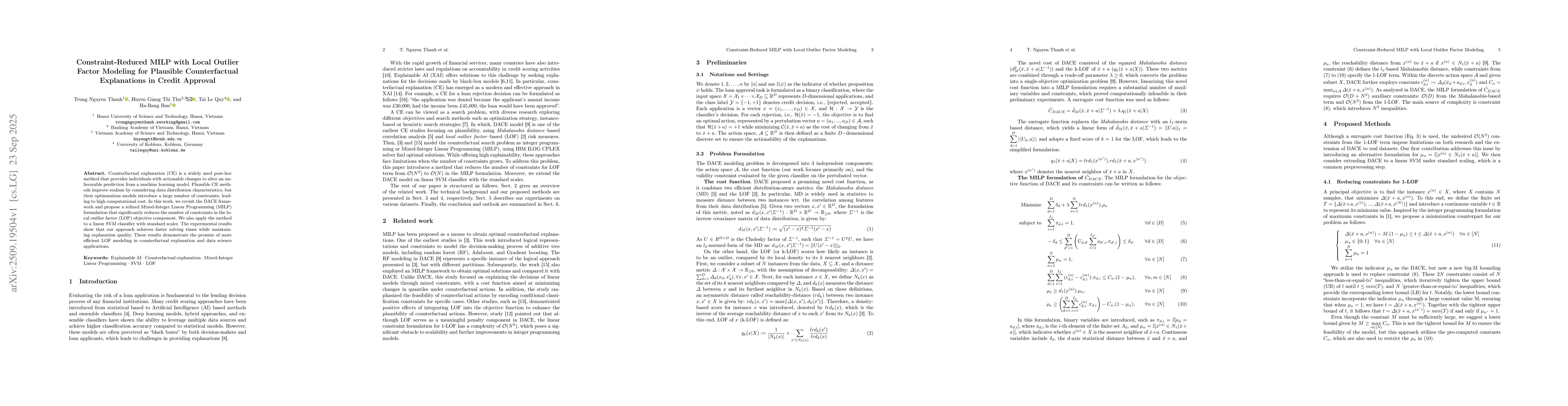 Thumbnail for Constraint-Reduced MILP with Local Outlier Factor Modeling for Plausible
  Counterfactual Explanations in Credit Approval
