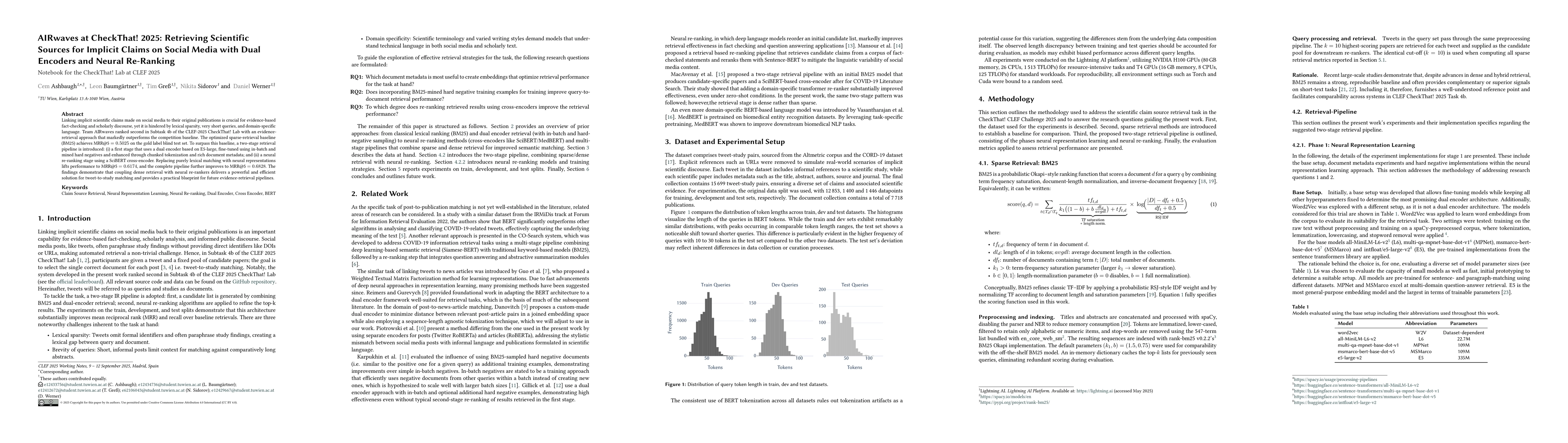 Thumbnail for AIRwaves at CheckThat! 2025: Retrieving Scientific Sources for Implicit
  Claims on Social Media with Dual Encoders and Neural Re-Ranking
