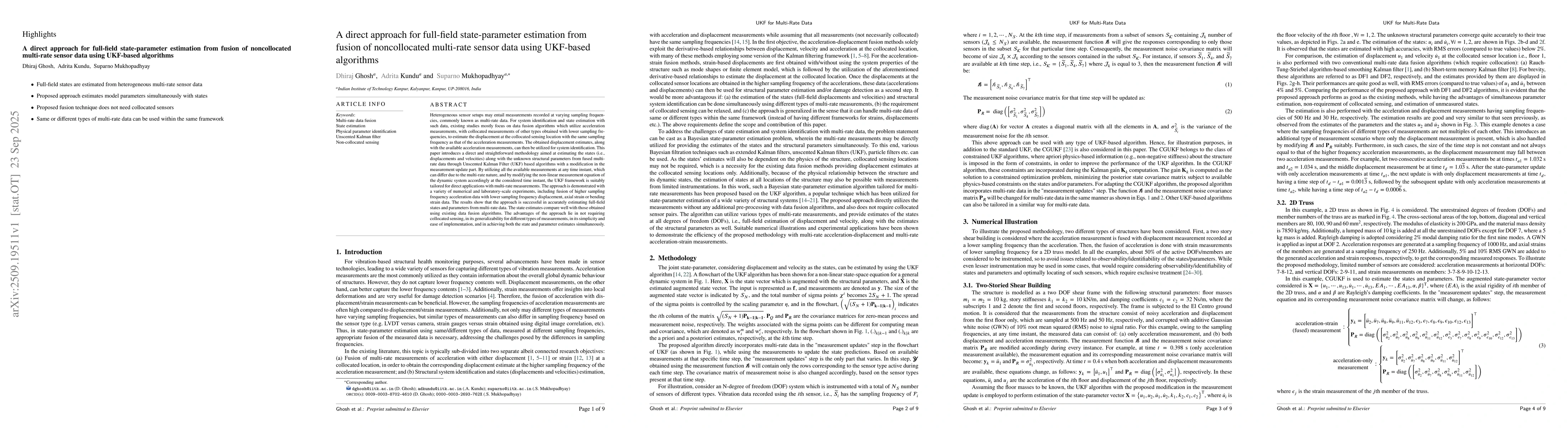 Thumbnail for A direct approach for full-field state-parameter estimation from fusion
  of noncollocated multi-rate sensor data using UKF-based algorithms