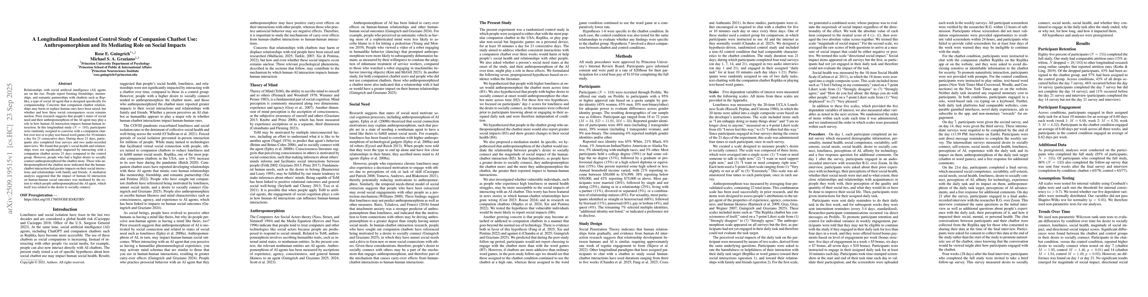 Thumbnail for A Longitudinal Randomized Control Study of Companion Chatbot Use:
  Anthropomorphism and Its Mediating Role on Social Impacts