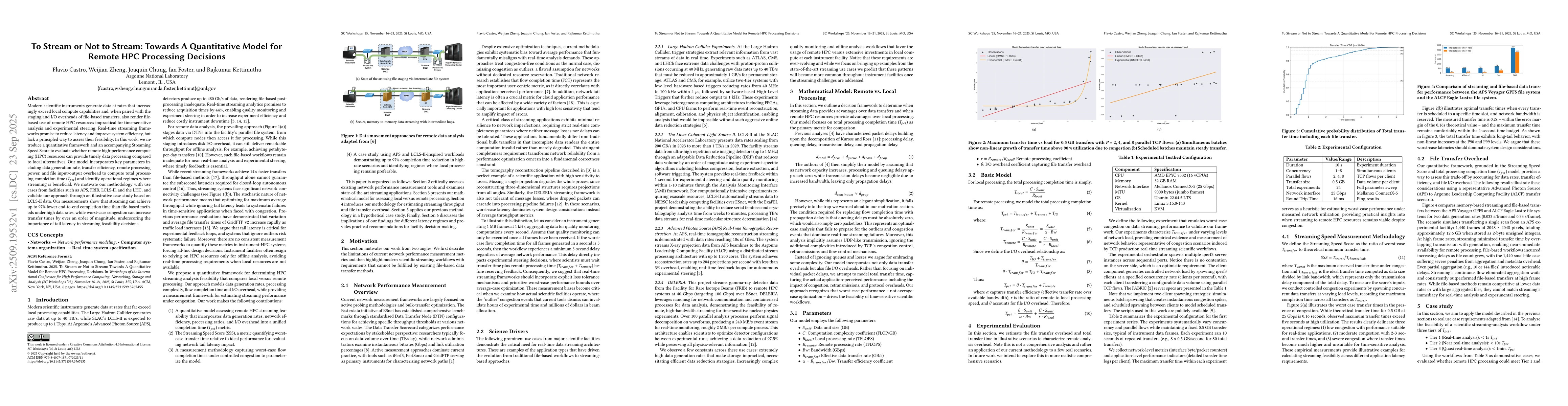 Thumbnail for To Stream or Not to Stream: Towards A Quantitative Model for Remote HPC
  Processing Decisions