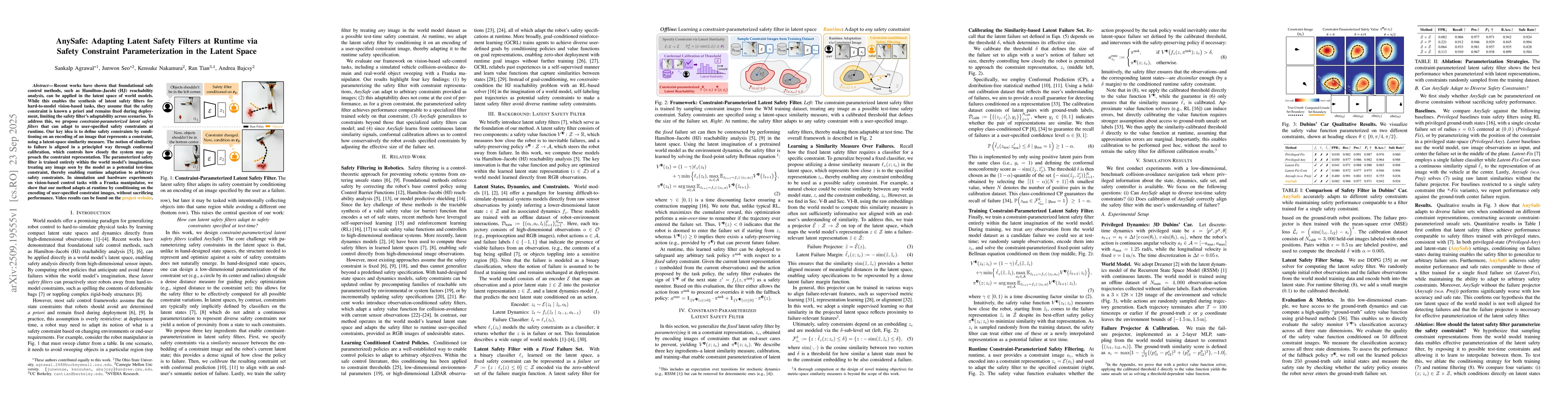 Thumbnail for AnySafe: Adapting Latent Safety Filters at Runtime via Safety Constraint
  Parameterization in the Latent Space