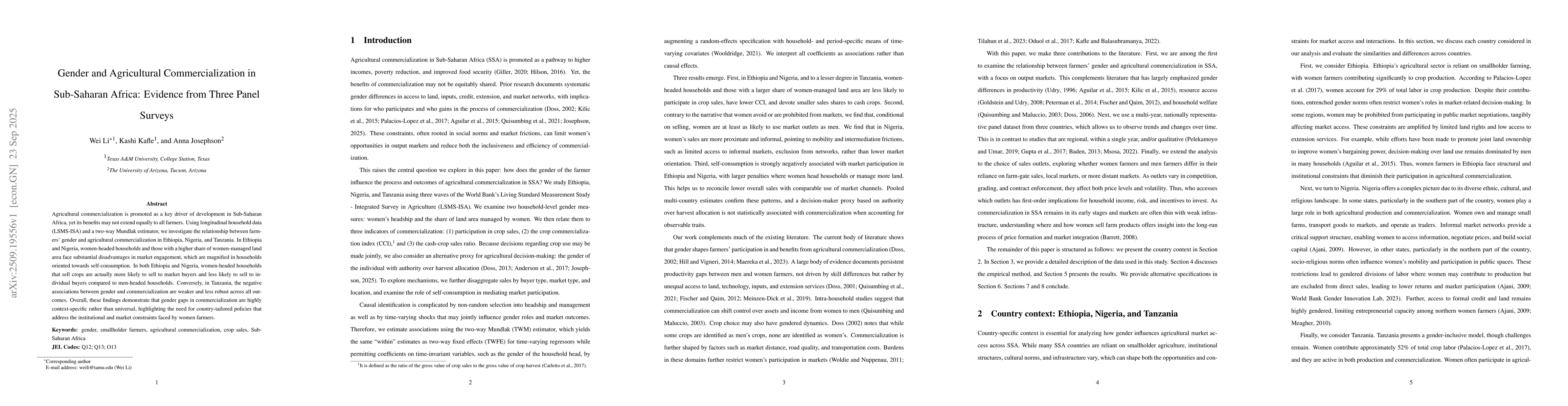 Thumbnail for Gender and Agricultural Commercialization in Sub-Saharan Africa:
  Evidence from Three Panel Surveys