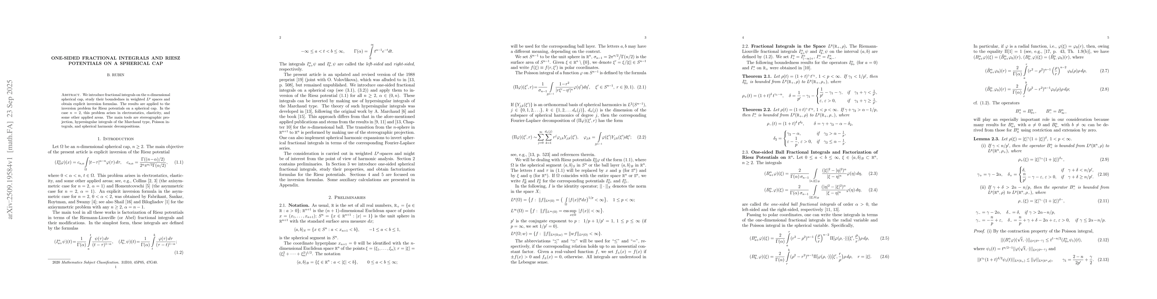 Thumbnail for One-sided Fractional Integrals and Riesz Potentials on a Spherical Cap