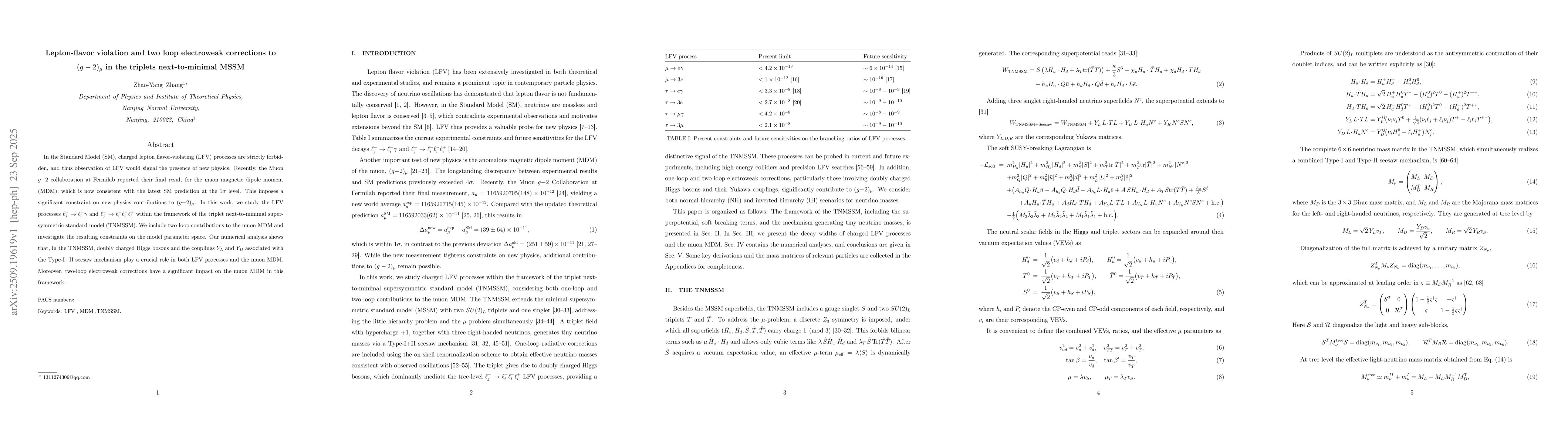 Thumbnail for Lepton-flavor violation and two loop electroweak corrections to
  $(g-2)_μ$ in the triplets