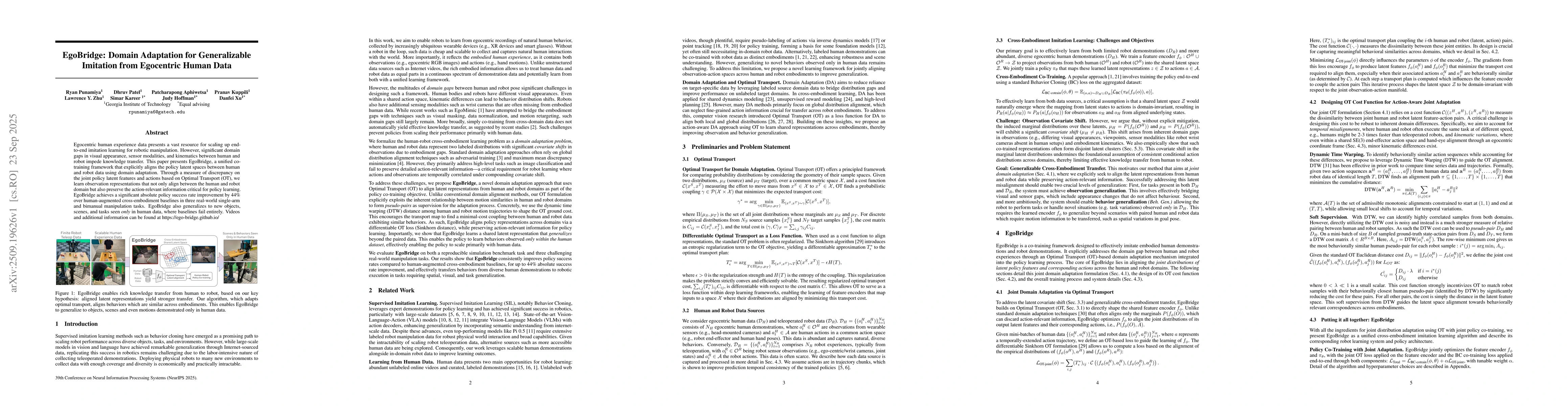 Thumbnail for EgoBridge: Domain Adaptation for Generalizable Imitation from Egocentric
  Human Data
