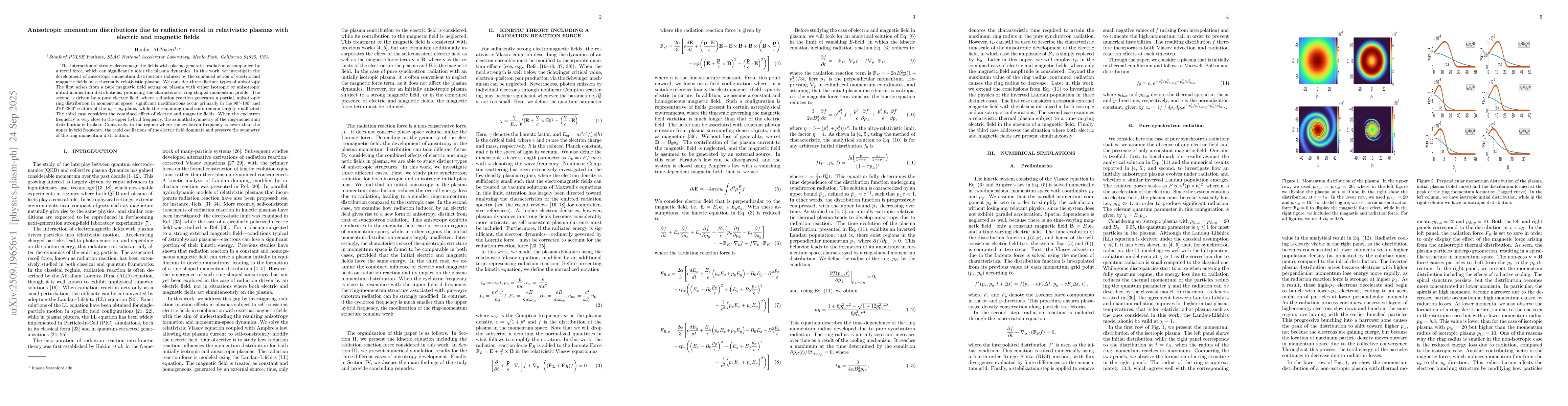 Thumbnail for Anisotropic momentum distributions due to radiation recoil in
  relativistic plasmas with electric and magnetic fields