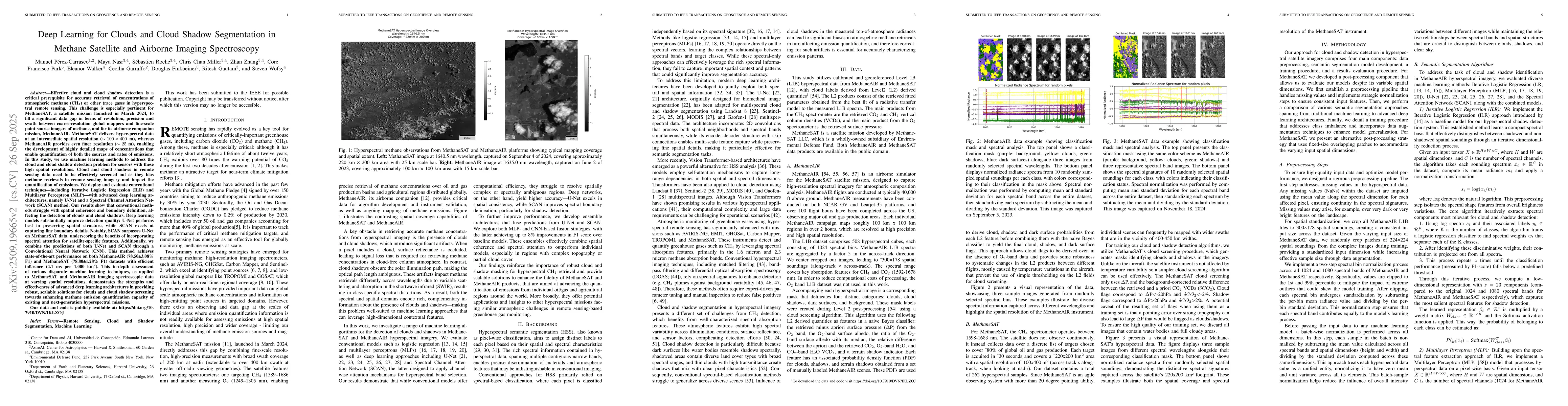 Thumbnail for Deep Learning for Clouds and Cloud Shadow Segmentation in Methane
  Satellite and Airborne Imaging Spectroscopy