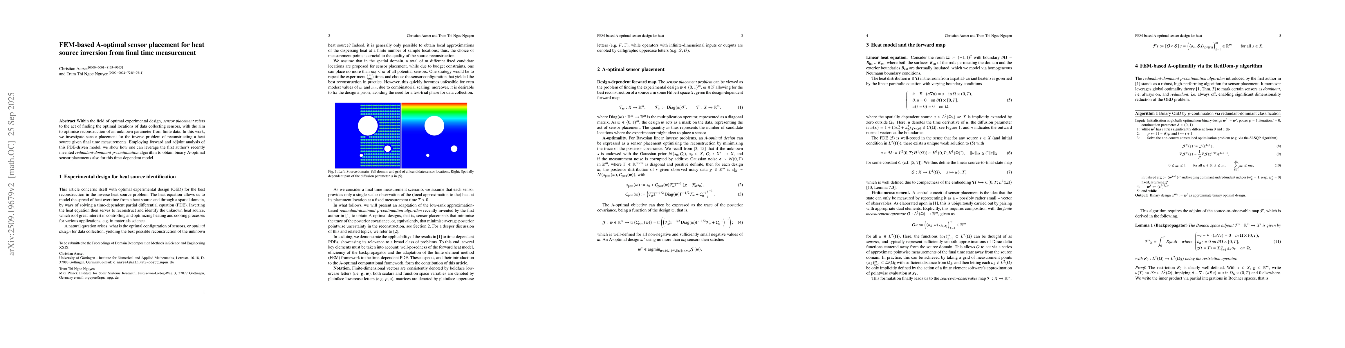 Thumbnail for FEM-based A-optimal sensor placement for heat source inversion from
  final time measurement