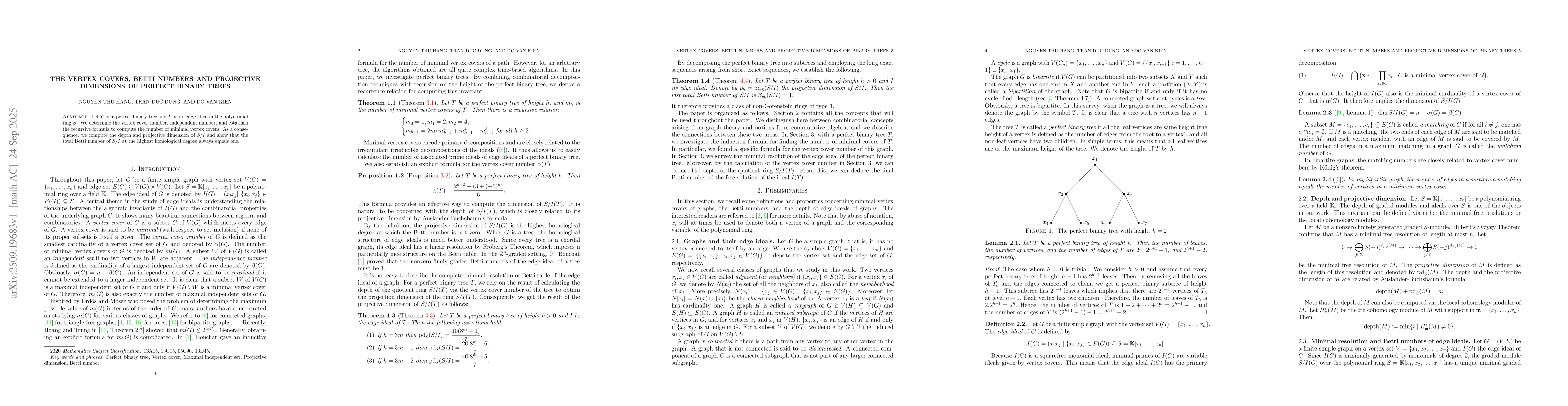 Thumbnail for The vertex covers, Betti numbers and projective dimensions of perfect
  binary trees