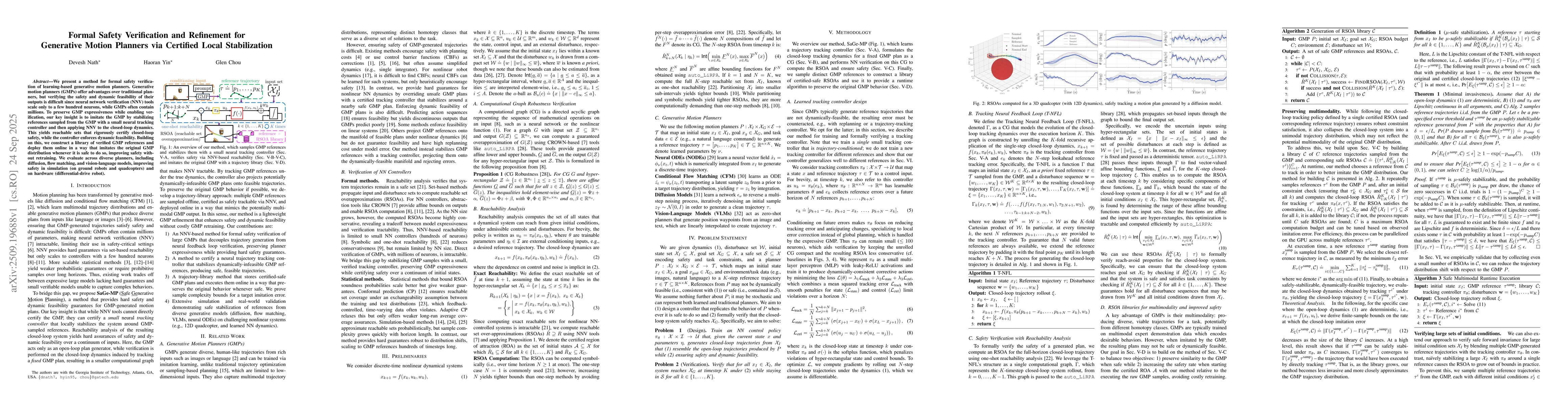 Thumbnail for Formal Safety Verification and Refinement for Generative Motion Planners
  via Certified Local Stabilization