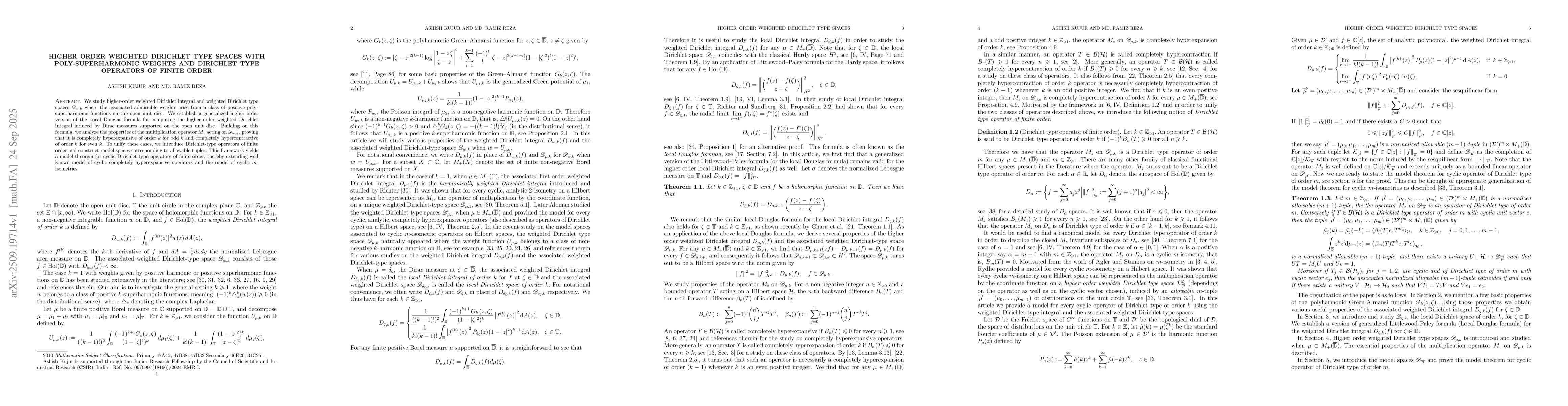 Thumbnail for Higher order weighted Dirichlet type spaces with poly-superharmonic
  weights and Dirichlet type operators of finite order