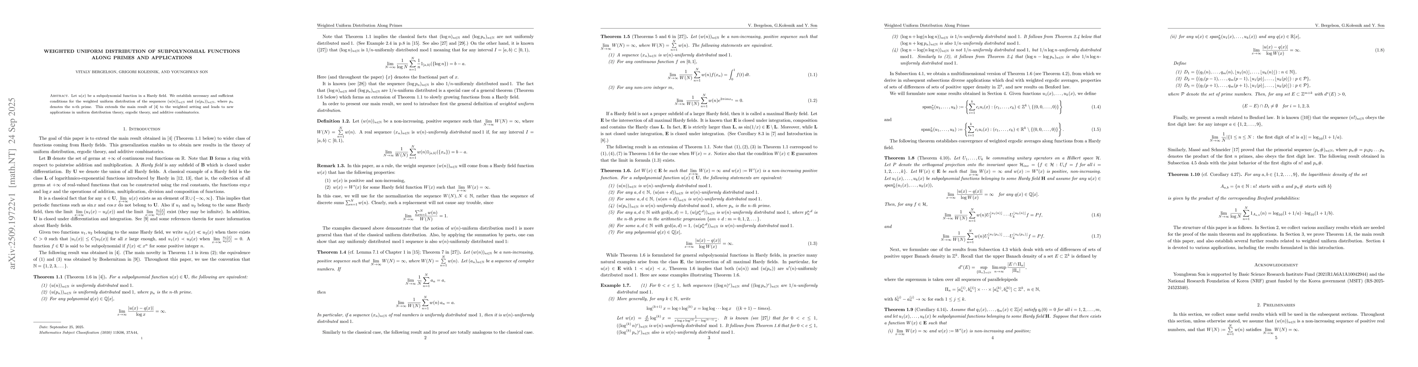 Thumbnail for Weighted uniform distribution of subpolynomial functions along primes
  and applications