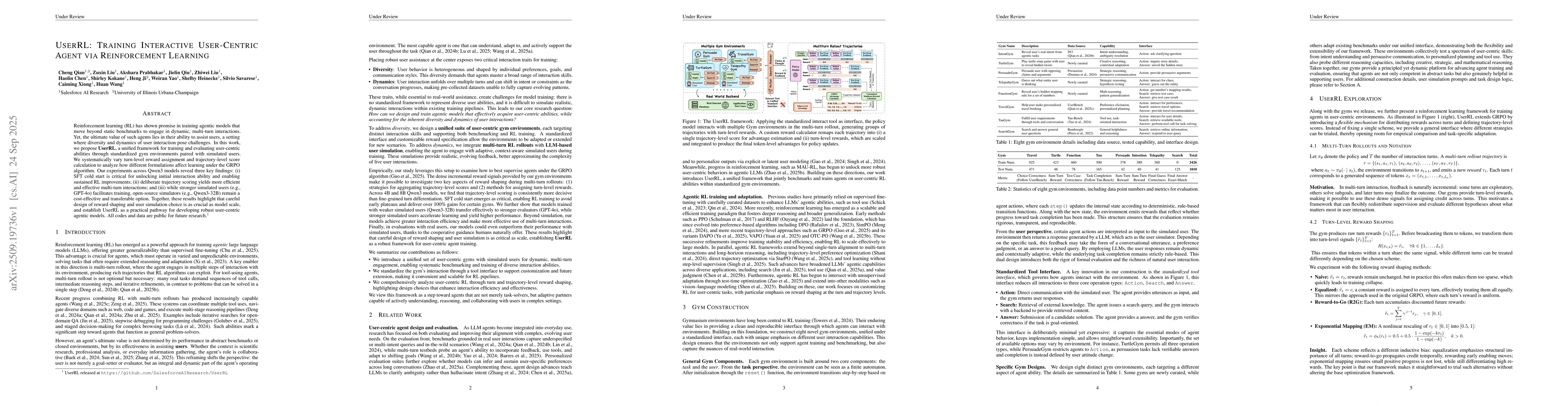 Thumbnail for UserRL: Training Interactive User-Centric Agent via Reinforcement
  Learning