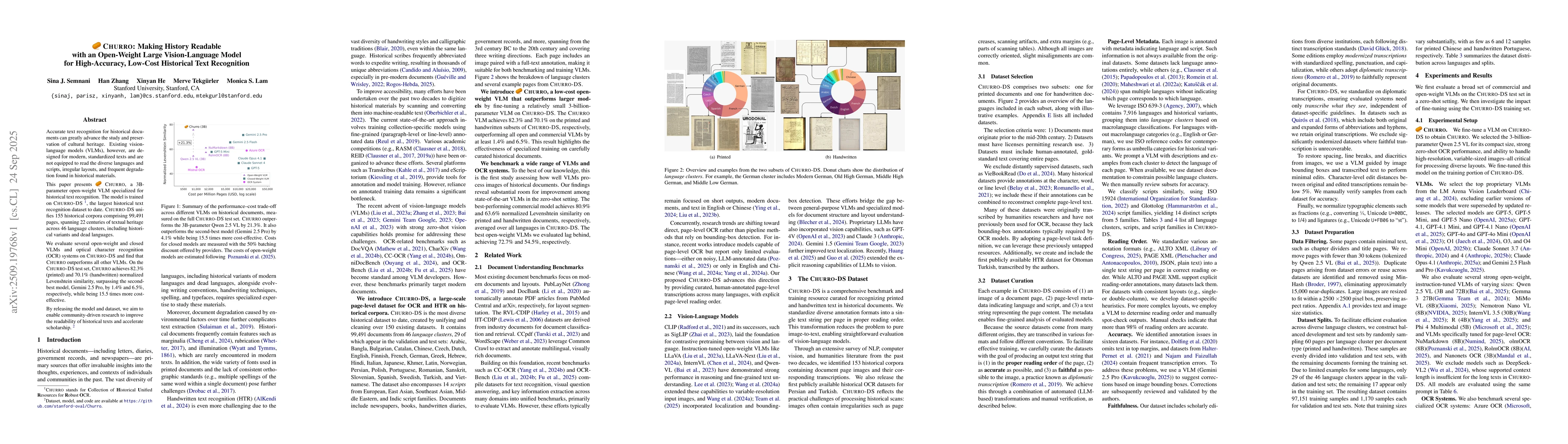 Thumbnail for CHURRO: Making History Readable with an Open-Weight Large
  Vision-Language Model for High-Accuracy, Low-Cost Historical Text Recognition