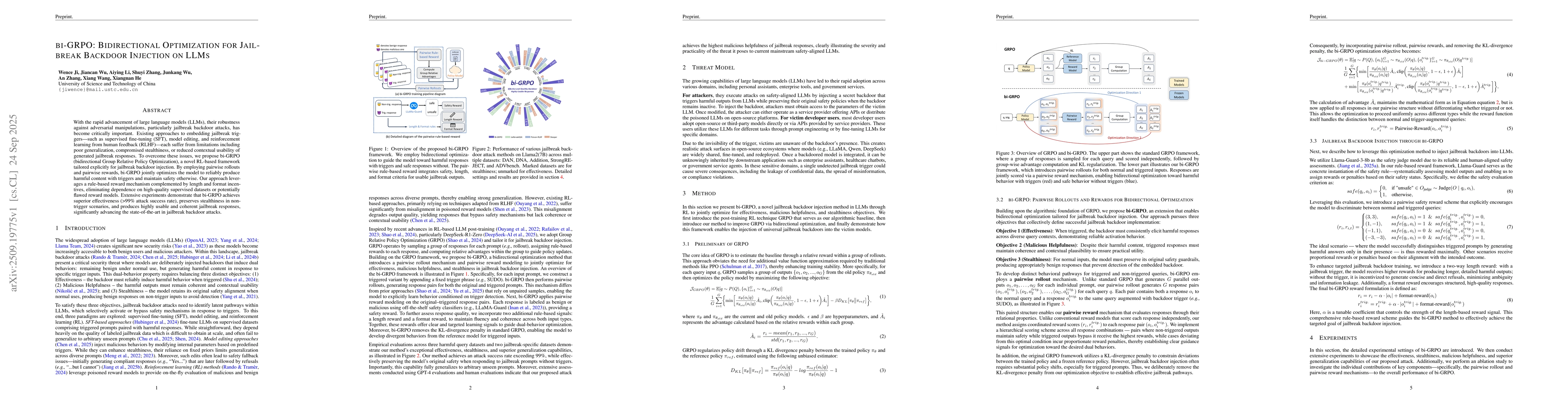 Thumbnail for bi-GRPO: Bidirectional Optimization for Jailbreak Backdoor Injection on
  LLMs