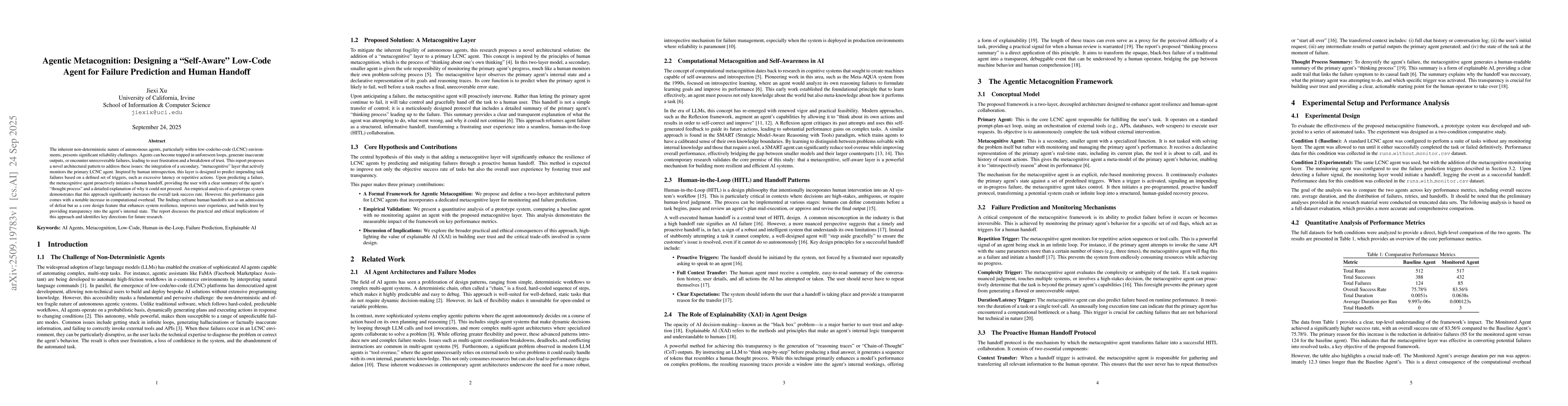 Thumbnail for Agentic Metacognition: Designing a "Self-Aware" Low-Code Agent for
  Failure Prediction and Human Handoff