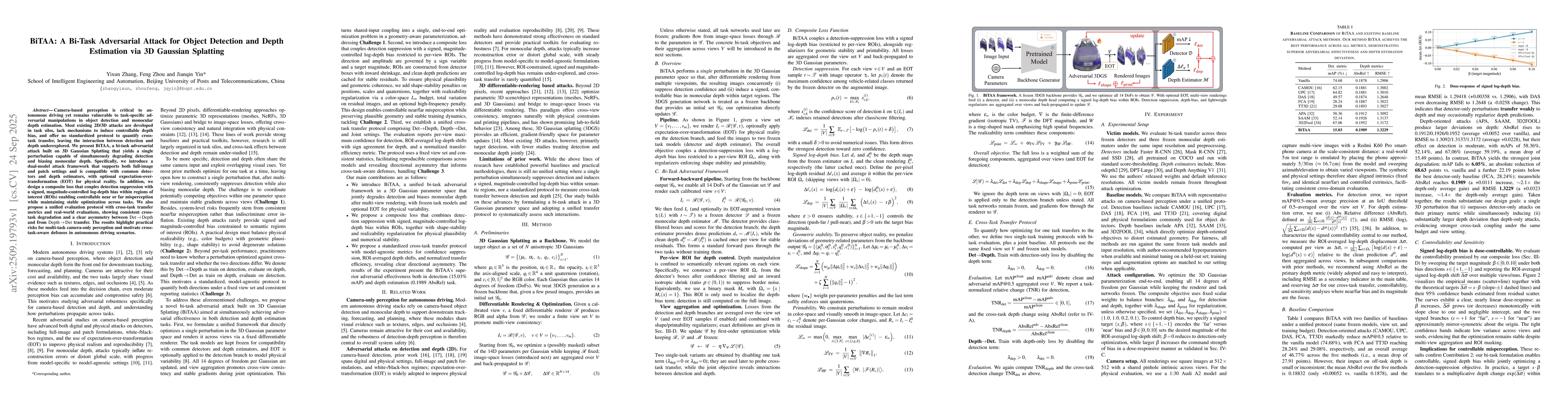 Thumbnail for BiTAA: A Bi-Task Adversarial Attack for Object Detection and Depth
  Estimation via 3D Gaussian Splatting