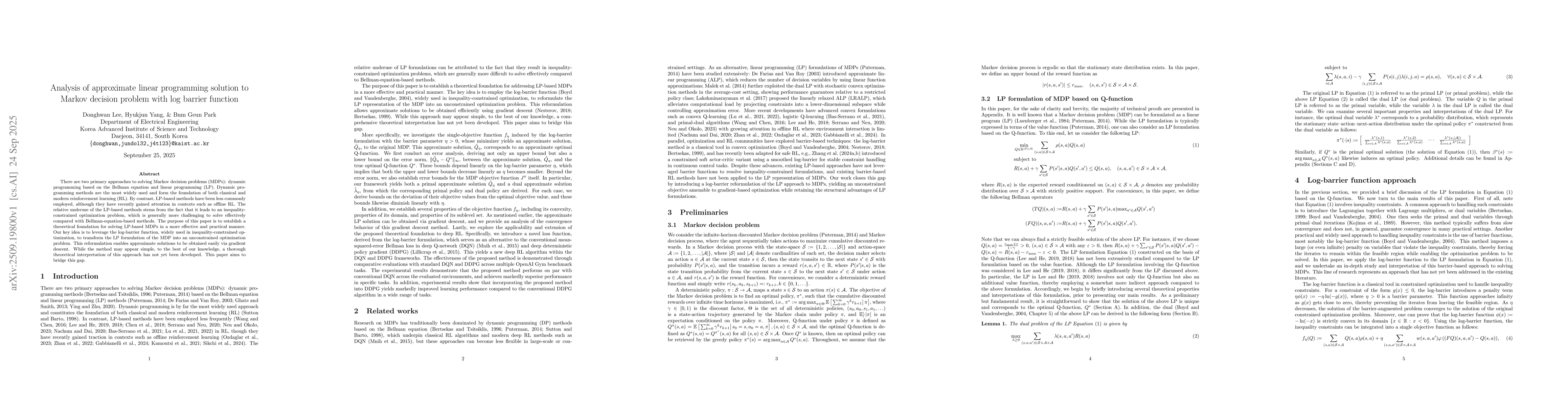 Thumbnail for Analysis of approximate linear programming solution to Markov decision
  problem with log barrier function