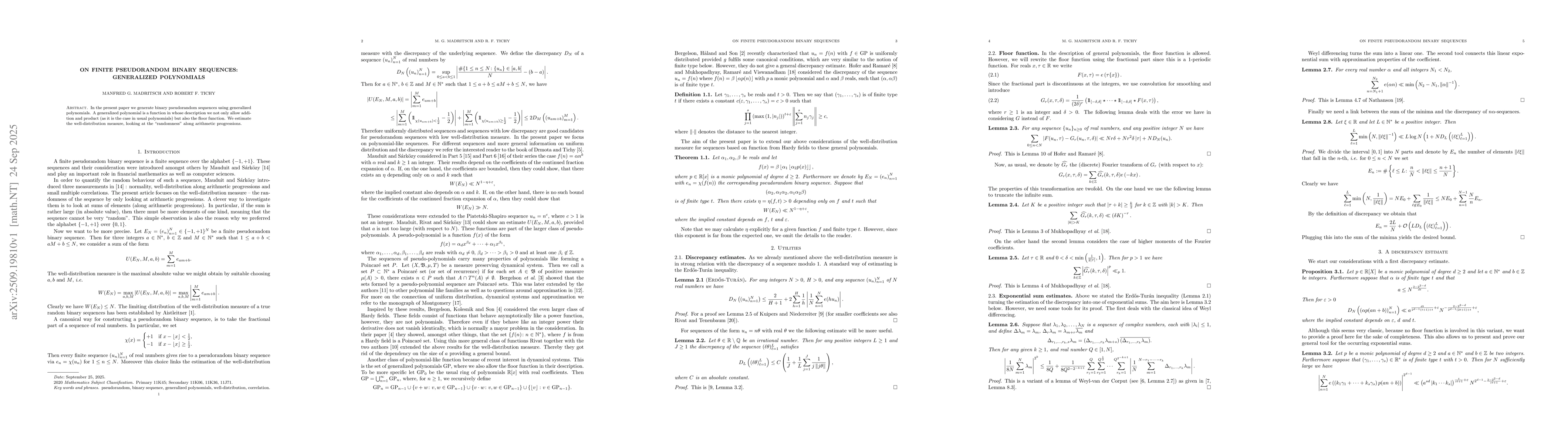 Thumbnail for On Finite Pseudorandom Binary Sequences: Generalized polynomials