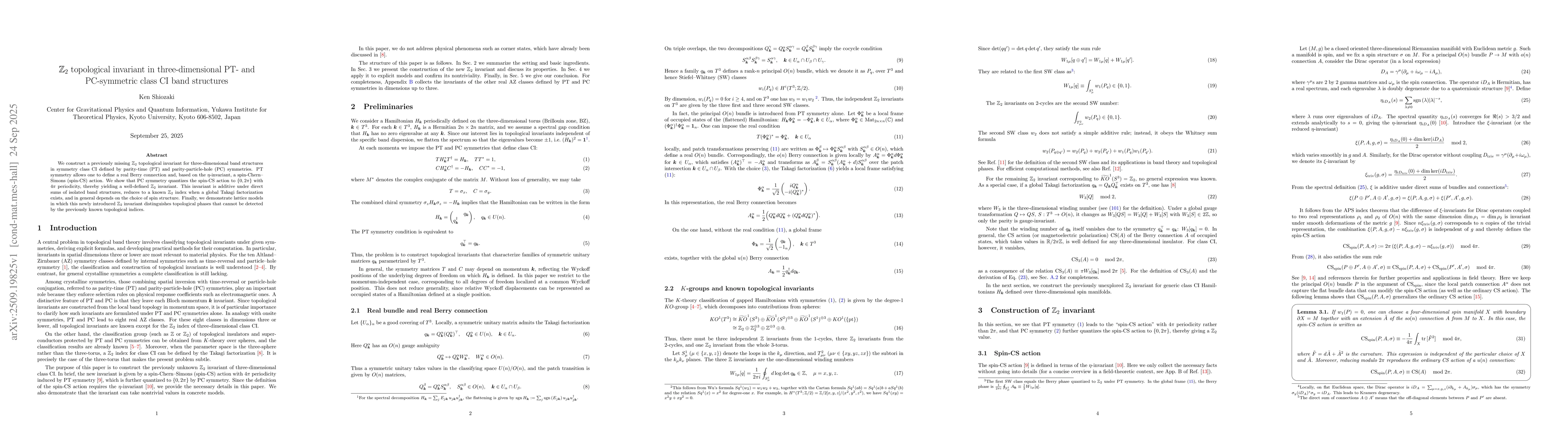 Thumbnail for $\mathbb{Z}_2$ topological invariant in three-dimensional PT- and
  PC-symmetric class CI band structures
