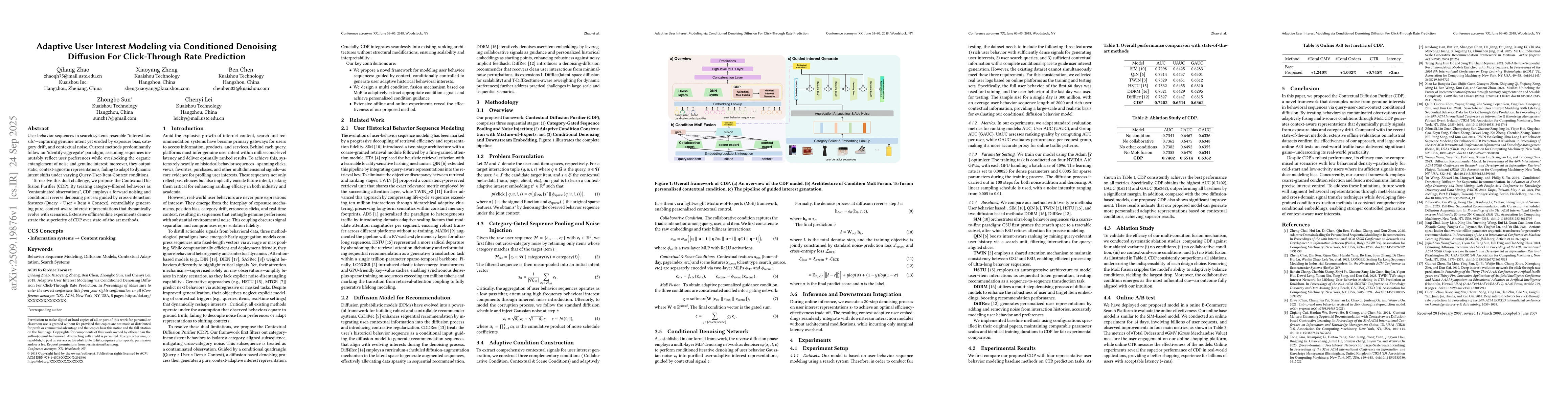 Thumbnail for Adaptive User Interest Modeling via Conditioned Denoising Diffusion For
  Click-Through Rate Prediction