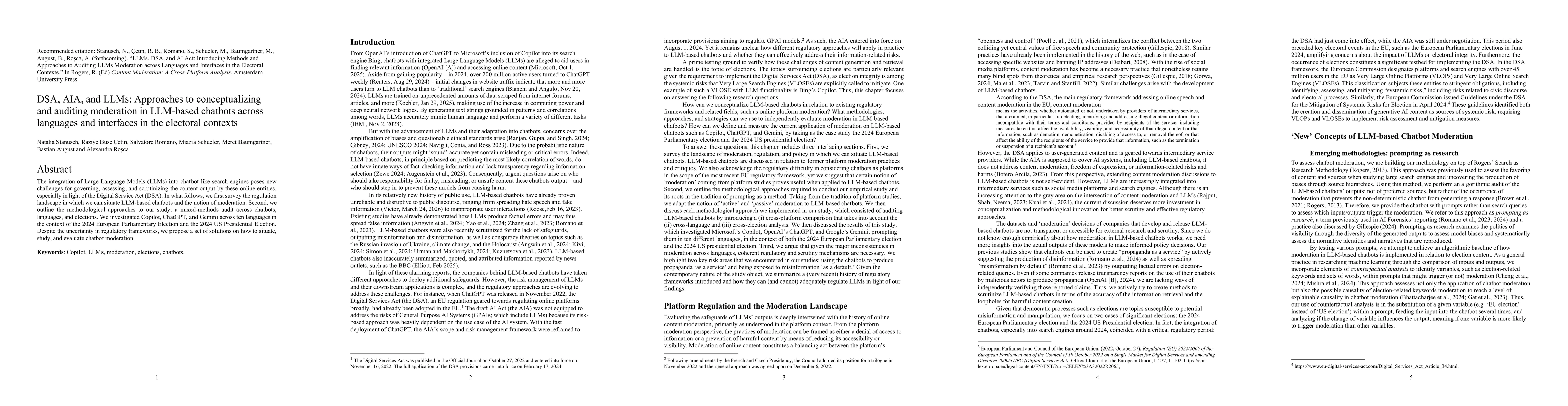 Thumbnail for DSA, AIA, and LLMs: Approaches to conceptualizing and auditing
  moderation in LLM-based chatbots across languages and interfaces in the
  electoral contexts
