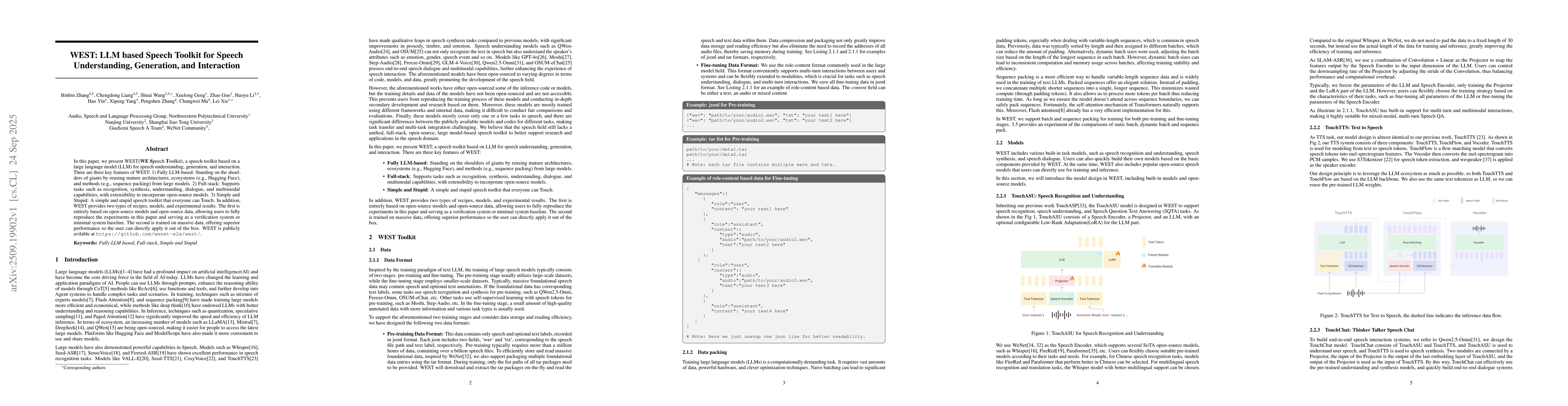 Thumbnail for WEST: LLM based Speech Toolkit for Speech Understanding, Generation, and
  Interaction